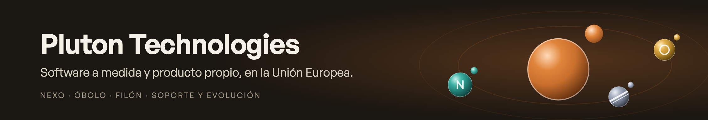 Banner de Pluton Technologies con Pluton y sus tres productos en órbita